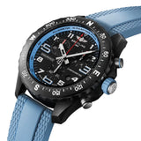 Breitling Endurance Pro Quartz Chronograph 38mm Watch X83310281B1S1 shows the sapphire crystal and textured Breitlight® finish from an angled perspective. The blue rubber strap curves into the 38mm case for an athletic, everyday-wear profile.