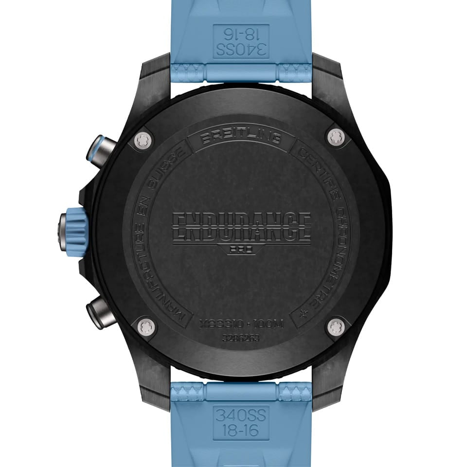 Breitling Endurance Pro Quartz Chronograph 38mm Watch X83310281B1S1 features a screw-secured case back protecting the thermocompensated SuperQuartz™ Breitling Caliber 83 movement. The case back sits within the 38mm Breitlight® case, measuring 12.1mm in thickness.
