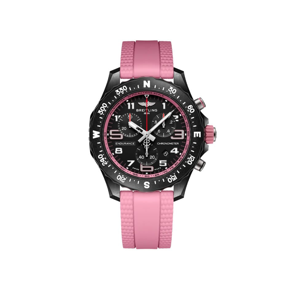 Breitling Endurance Pro Quartz Chronograph 38mm Watch X83310D41B1S1 displays its black dial with a compass scale bidirectional bezel and pulsometer detailing. The lightweight Breitlight® case is 3.3 times lighter than titanium and 5.8 times lighter than stainless steel.