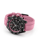 Breitling Endurance Pro Quartz Chronograph 38mm Watch X83310D41B1S1 reveals the detail of its pink rubber strap. The Breitlight® tang-type buckle matches the case material for a cohesive, lightweight design.
