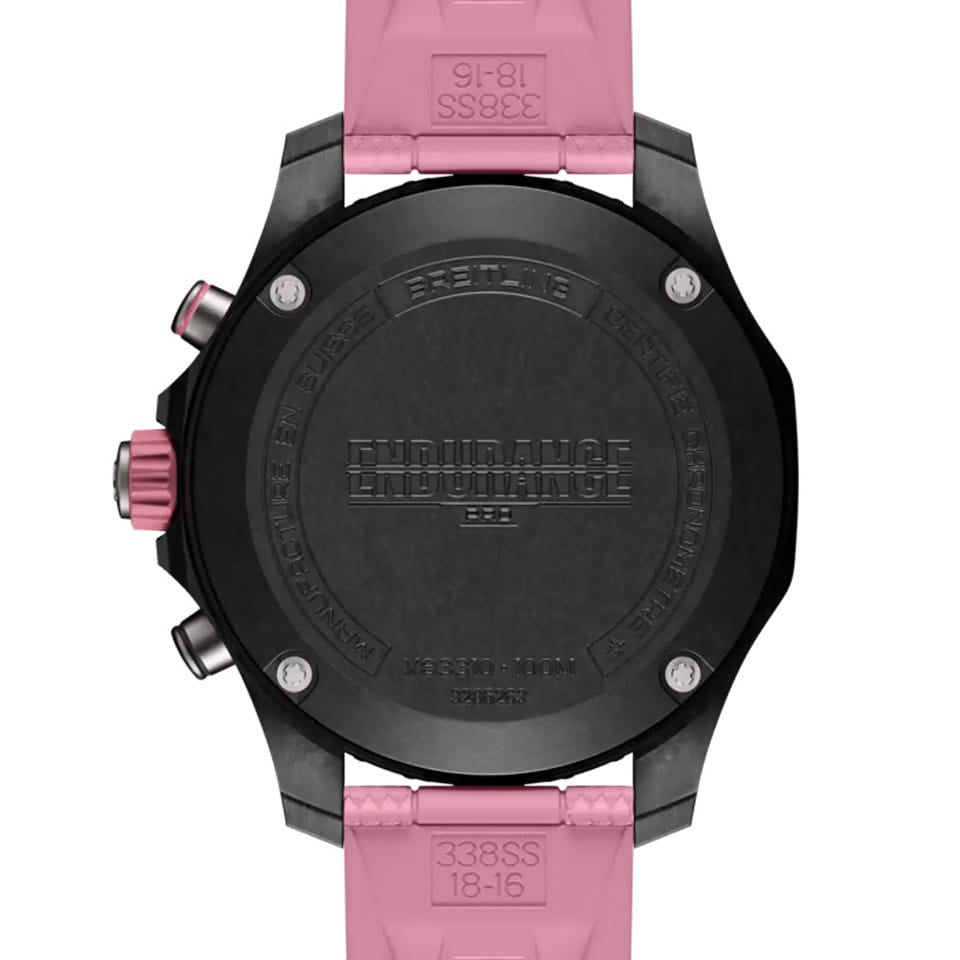 Breitling Endurance Pro Quartz Chronograph 38mm Watch X83310D41B1S1 features a screw-secured case back protecting the thermocompensated SuperQuartz™ Breitling Caliber 83 movement. The case back sits within the 38mm Breitlight® case, measuring 12.1mm in thickness.