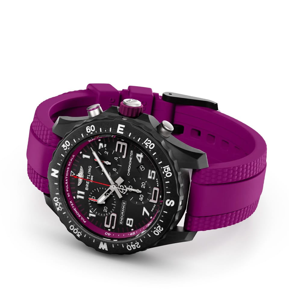 Breitling Endurance Pro Quartz Chronograph 38mm Watch X83310F61B1S1 reveals the detail of its purple rubber strap. The Breitlight® tang-type buckle matches the case material for a cohesive, lightweight design.