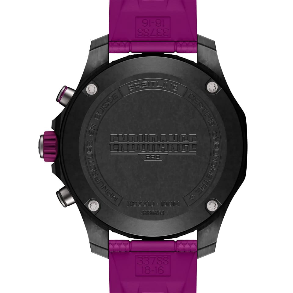 Breitling Endurance Pro Quartz Chronograph 38mm Watch X83310F61B1S1 features a screw-secured case back protecting the thermocompensated SuperQuartz™ Breitling Caliber 83 movement. The case back sits within the 38mm Breitlight® case, measuring 12.1mm in thickness.