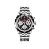 Breitling Classic AVI Automatic Chronograph 42mm Watch Y233801A1B1A1 displays its black dial with large, legible Arabic numerals and a matching knurled bezel. The stainless steel case pays tribute to the de Havilland Mosquito's "Wooden Wonder" aviation heritage.