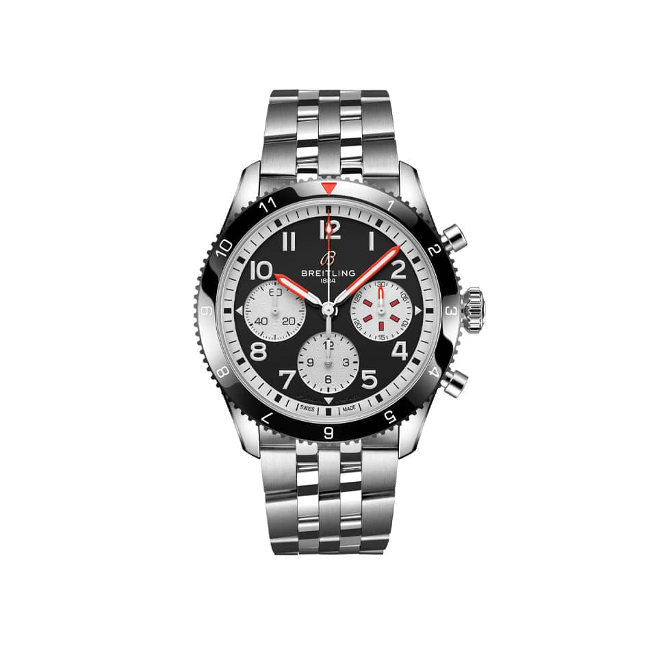 Breitling Classic AVI Automatic Chronograph 42mm Watch Y233801A1B1A1 displays its black dial with large, legible Arabic numerals and a matching knurled bezel. The stainless steel case pays tribute to the de Havilland Mosquito's "Wooden Wonder" aviation heritage.