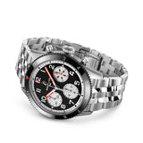 Breitling Classic AVI Automatic Chronograph 42mm Watch Y233801A1B1A1 reveals the straight-link detail of its stainless steel bracelet. The bracelet's finish matches the tone of the 42mm case throughout.