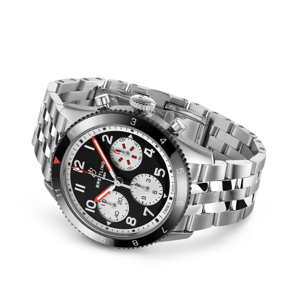 Breitling Classic AVI Automatic Chronograph 42mm Watch Y233801A1B1A1 reveals the straight-link detail of its stainless steel bracelet. The bracelet's finish matches the tone of the 42mm case throughout.