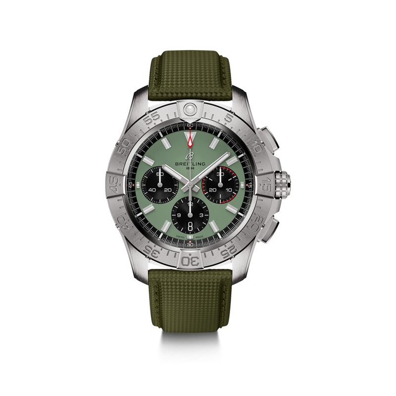 Breitling Avenger B01 Chronograph 44.00MM Green Dial Stainless Steel Military Calfskin Strap AB0147101L1X1