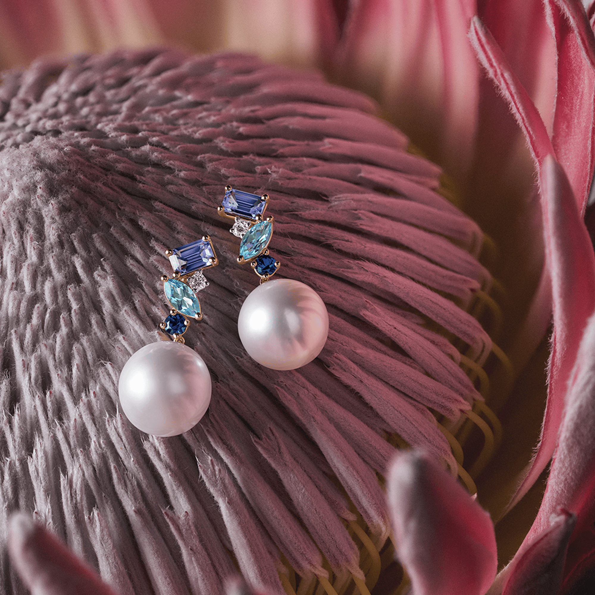 Elysian Tanzanite Topaz Sapphire and Australian South Sea Pearl Drop Earrings in 18ct Yellow Gold