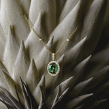 Green Tourmaline Oval and Diamond Halo Pendant in 18ct Yellow Gold
