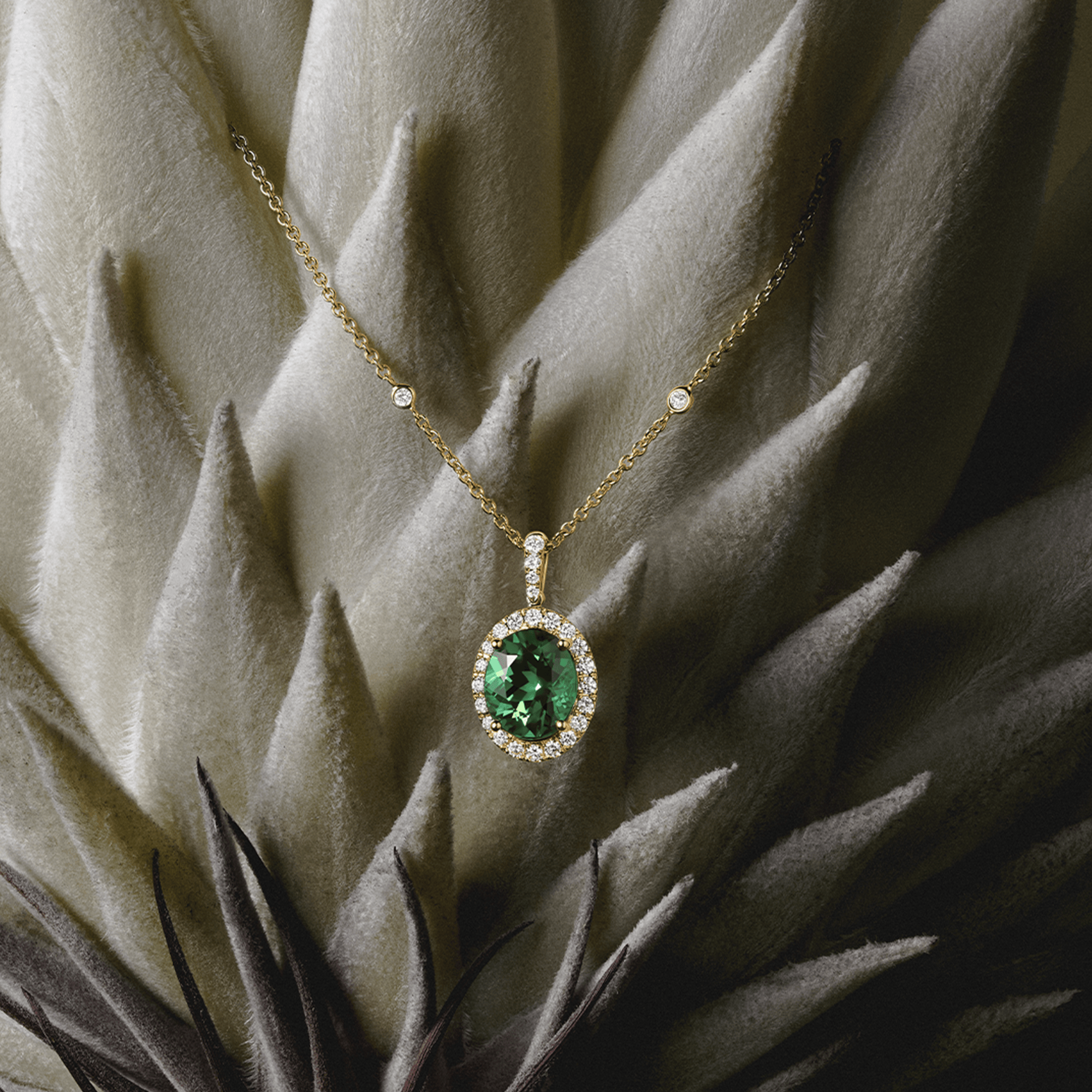 Green Tourmaline Oval and Diamond Halo Pendant in 18ct Yellow Gold
