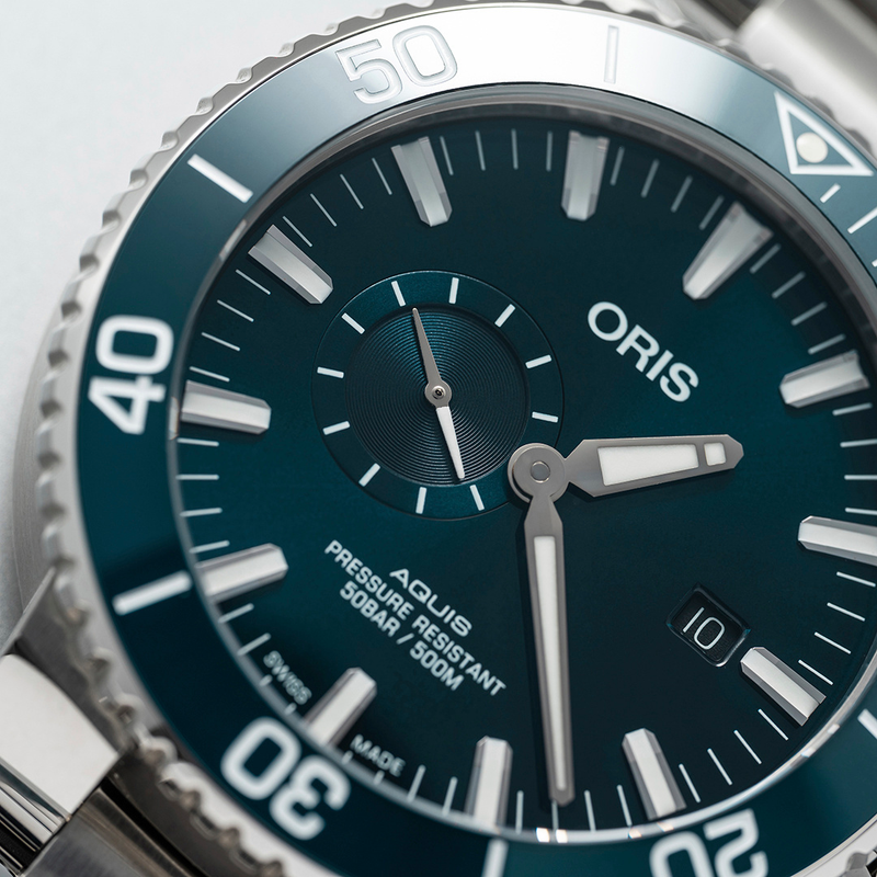 Oris Aquis Small Second Date 45.50mm Stainless Steel Bracelet 01 743 7733 4155-07 8 24 05PEB Hardy Brothers Jewellers