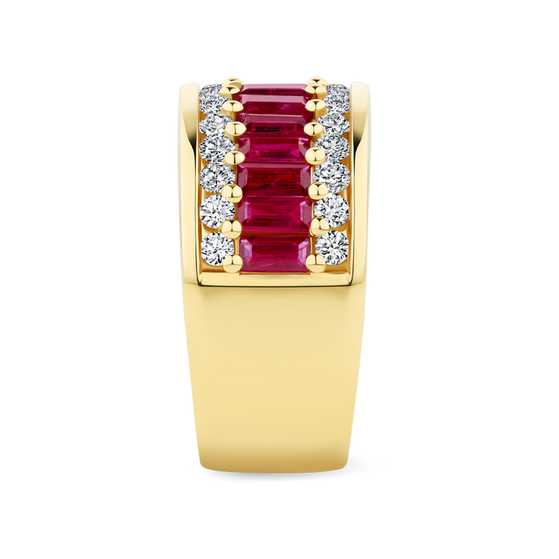 Baguette Statement Ruby and Diamond Ring in 18ct Yellow Gold Hardy Brothers Jewellers