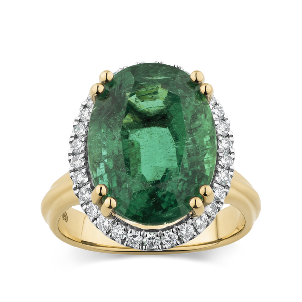 11.58 Carat Emerald and Diamond Halo Ring in 18ct Yellow Gold Hardy Brothers Jewellers