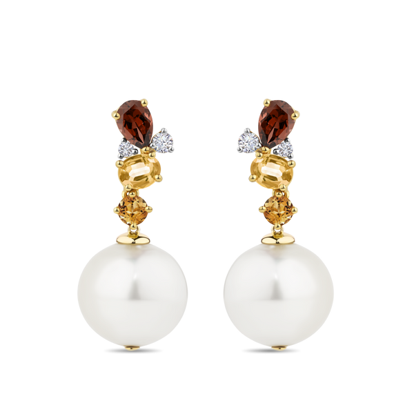 Citrine Diamond and Australian South Sea Pearl Drop Earrings in 18ct Yellow Gold Hardy Brothers Jewellers