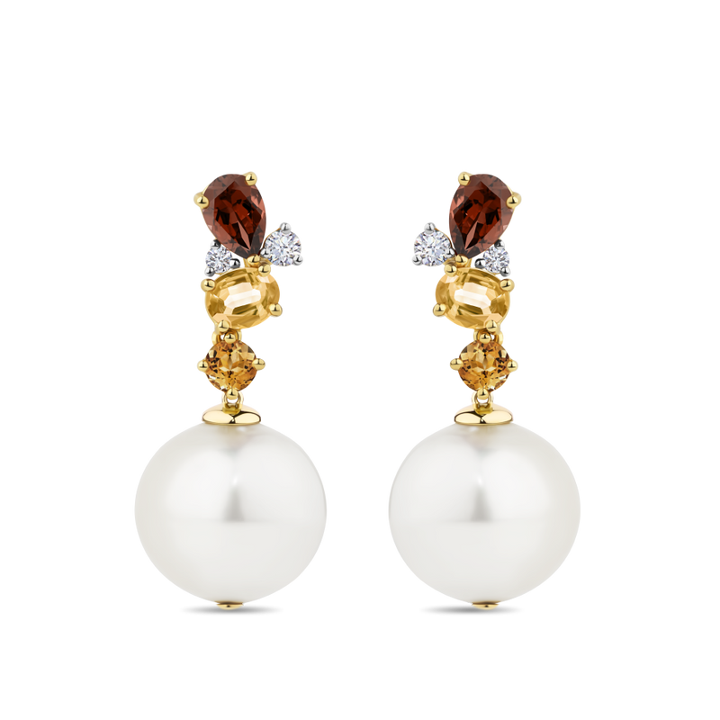 Citrine Diamond and Australian South Sea Pearl Drop Earrings in 18ct Yellow Gold Hardy Brothers Jewellers