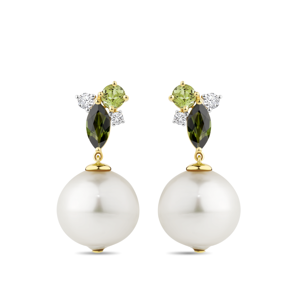 Tourmaline Peridot Diamond and Australian South Sea Pearl Drop Earrings in 18ct Yellow Gold Hardy Brothers Jewellers
