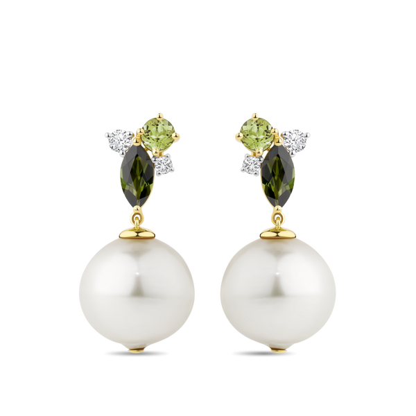 Tourmaline Peridot Diamond and Australian South Sea Pearl Drop Earrings in 18ct Yellow Gold Hardy Brothers Jewellers