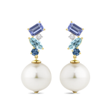 Tanzanite Topaz Sapphire and Australian South Sea Pearl Drop Earrings in 18ct Yellow Gold Hardy Brothers Jewellers