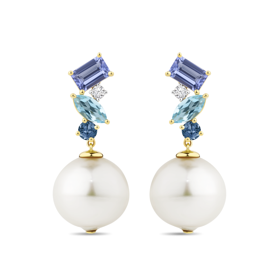 Tanzanite Topaz Sapphire and Australian South Sea Pearl Drop Earrings in 18ct Yellow Gold Hardy Brothers Jewellers