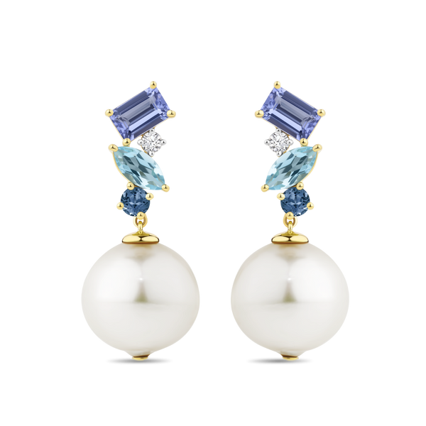 Tanzanite Topaz Sapphire and Australian South Sea Pearl Drop Earrings in 18ct Yellow Gold Hardy Brothers Jewellers