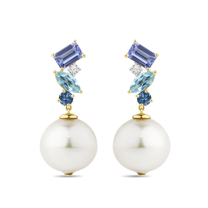 Tanzanite Topaz Sapphire and Australian South Sea Pearl Drop Earrings in 18ct Yellow Gold Hardy Brothers Jewellers