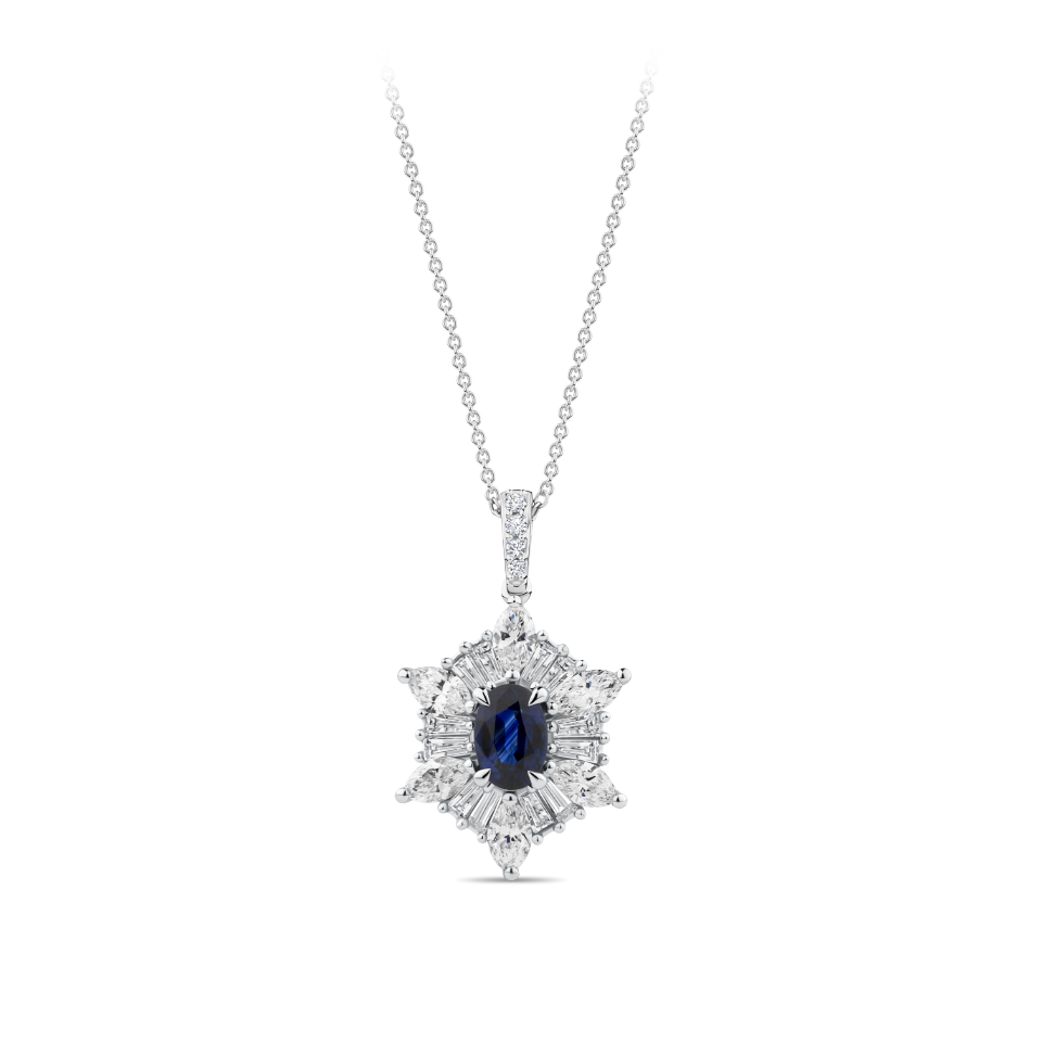 Sapphire and Diamond Halo Pendant in 18ct White Gold Hardy Brothers Jewellers