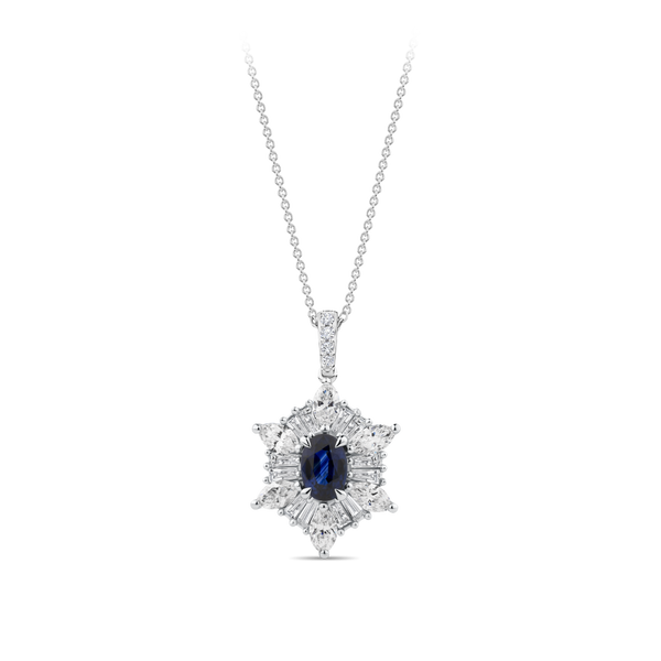 Sapphire and Diamond Halo Pendant in 18ct White Gold Hardy Brothers Jewellers