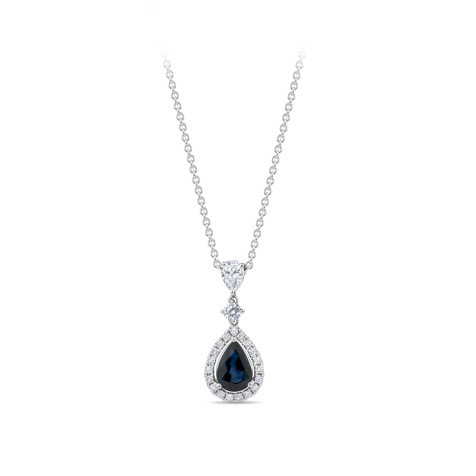 Pear Cut Sapphire and Diamond Halo Pendant in 18ct White Gold Hardy Brothers Jewellers