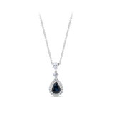 Pear Cut Sapphire and Diamond Halo Pendant in 18ct White Gold Hardy Brothers Jewellers
