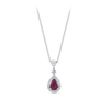 Pear Cut Ruby and Diamond Halo Pendant in 18ct White Gold Hardy Brothers Jewellers