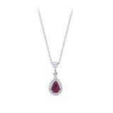 Pear Cut Ruby and Diamond Halo Pendant in 18ct White Gold Hardy Brothers Jewellers