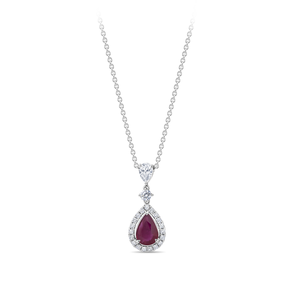 Pear Cut Ruby and Diamond Halo Pendant in 18ct White Gold Hardy Brothers Jewellers