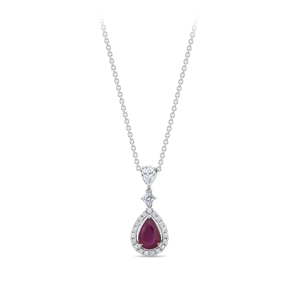 Pear Cut Ruby and Diamond Halo Pendant in 18ct White Gold Hardy Brothers Jewellers