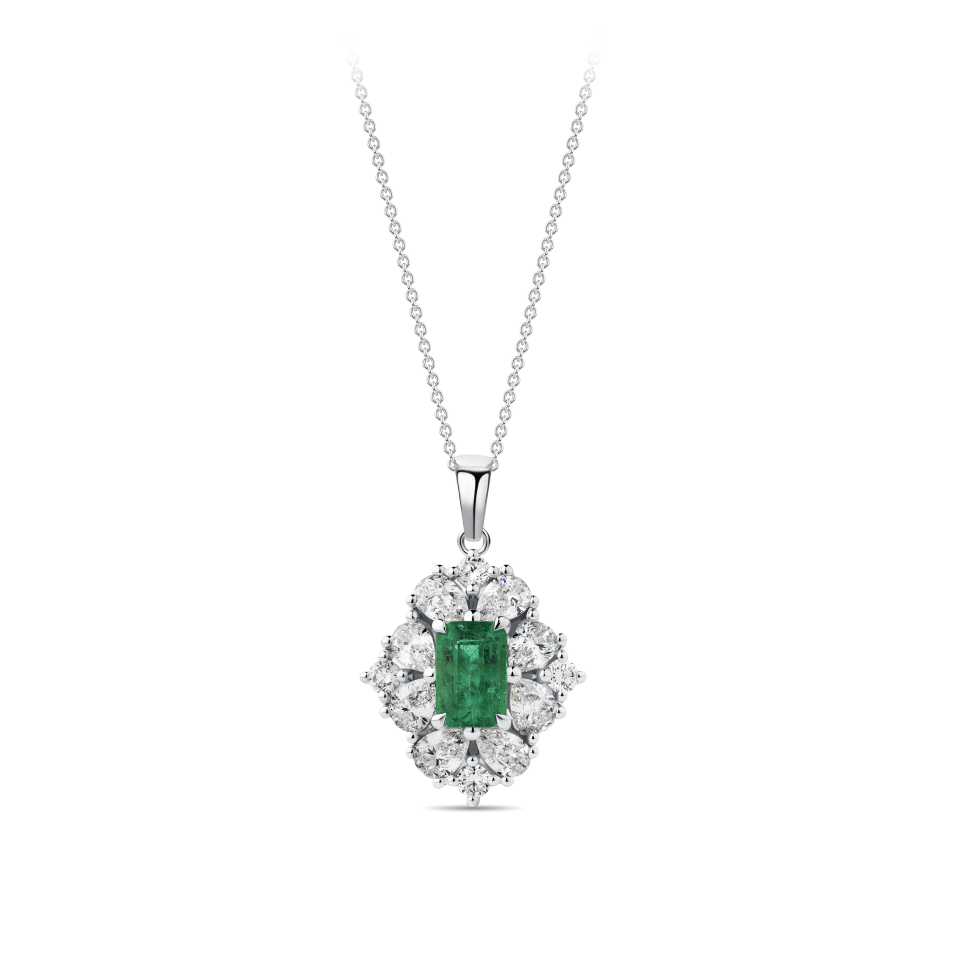 Emerald and Diamond Halo Pendant in 18ct White Gold Hardy Brothers Jewellers