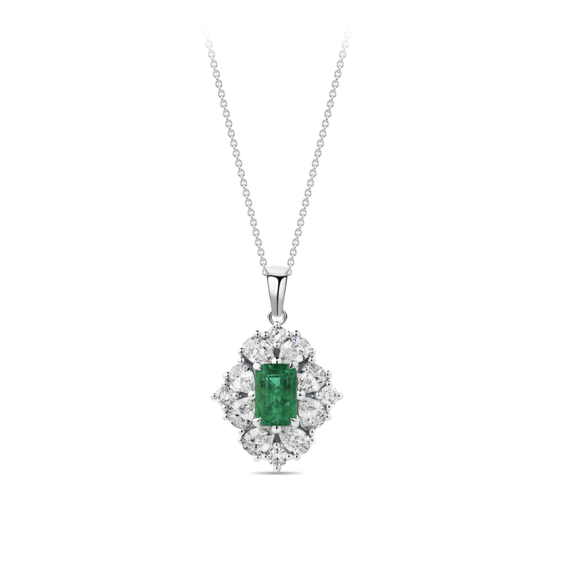 Emerald and Diamond Halo Pendant in 18ct White Gold Hardy Brothers Jewellers