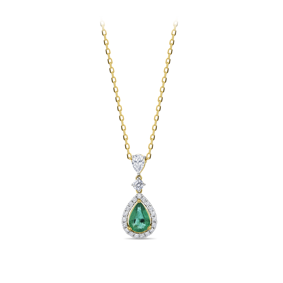 Pear Cut Emerald and Diamond Halo Pendant in 18ct Yellow and White Gold Hardy Brothers Jewellers