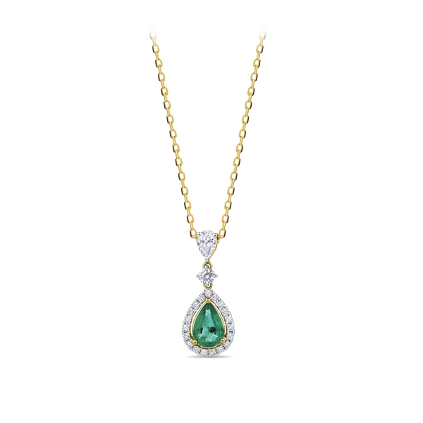 Pear Cut Emerald and Diamond Halo Pendant in 18ct Yellow and White Gold Hardy Brothers Jewellers