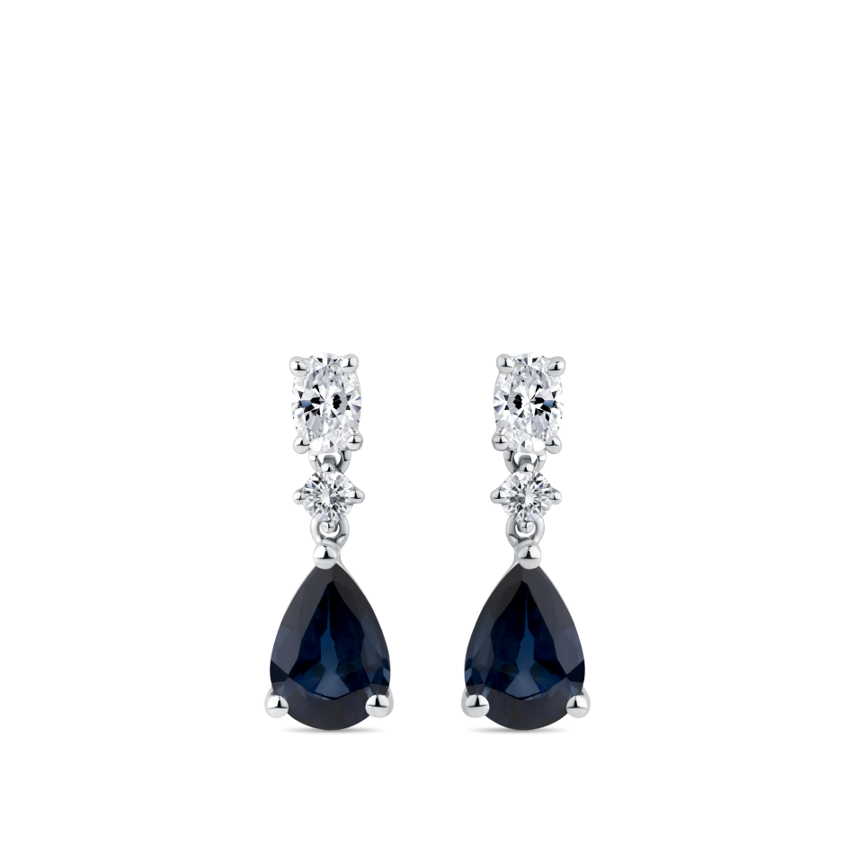 Pear Cut Sapphire and Diamond Drop Earrings in 18ct White Gold Hardy Brothers Jewellers