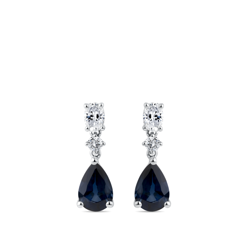 Pear Cut Sapphire and Diamond Drop Earrings in 18ct White Gold Hardy Brothers Jewellers
