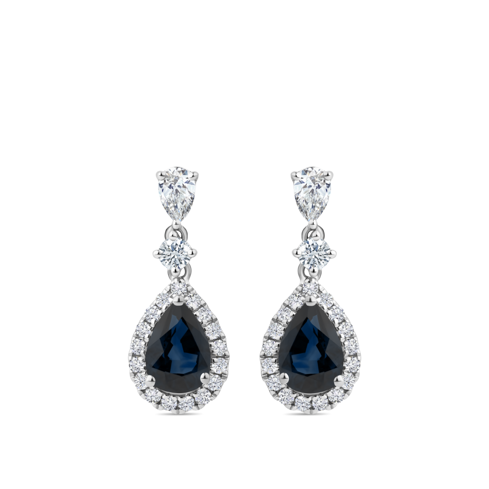 Pear Cut Sapphire and Diamond Halo Drop Earrings in 18ct White Gold Hardy Brothers Jewellers