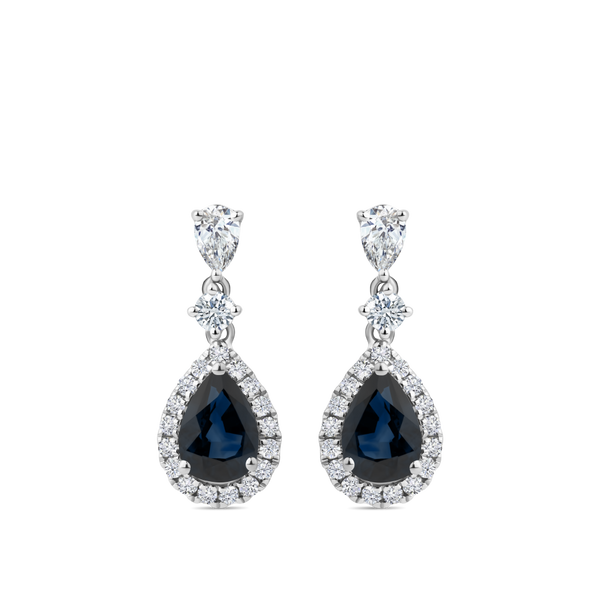 Pear Cut Sapphire and Diamond Halo Drop Earrings in 18ct White Gold Hardy Brothers Jewellers