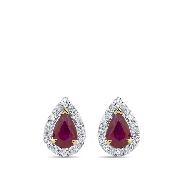 Pear Cut Ruby and Alternating Diamond Stud Earrings in 18ct Yellow and White Gold Hardy Brothers Jewellers 