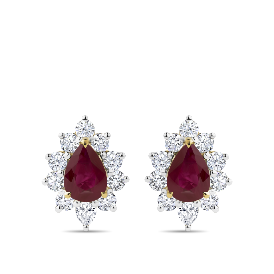 Pear Cut Ruby and Diamond Halo Stud Earrings in 18ct Yellow Gold Hardy Brothers Jewellers
