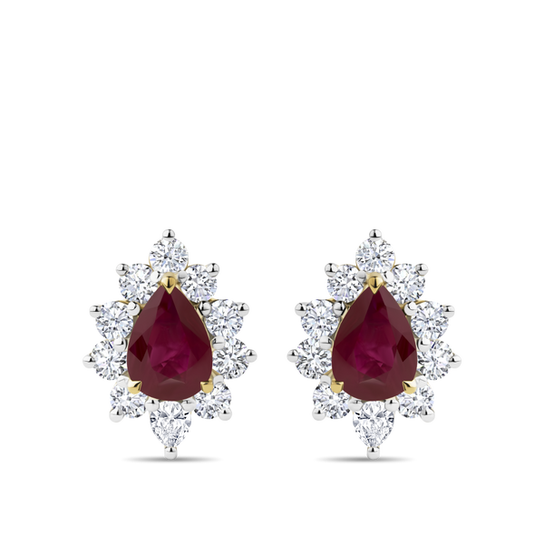 Pear Cut Ruby and Diamond Halo Stud Earrings in 18ct Yellow Gold Hardy Brothers Jewellers