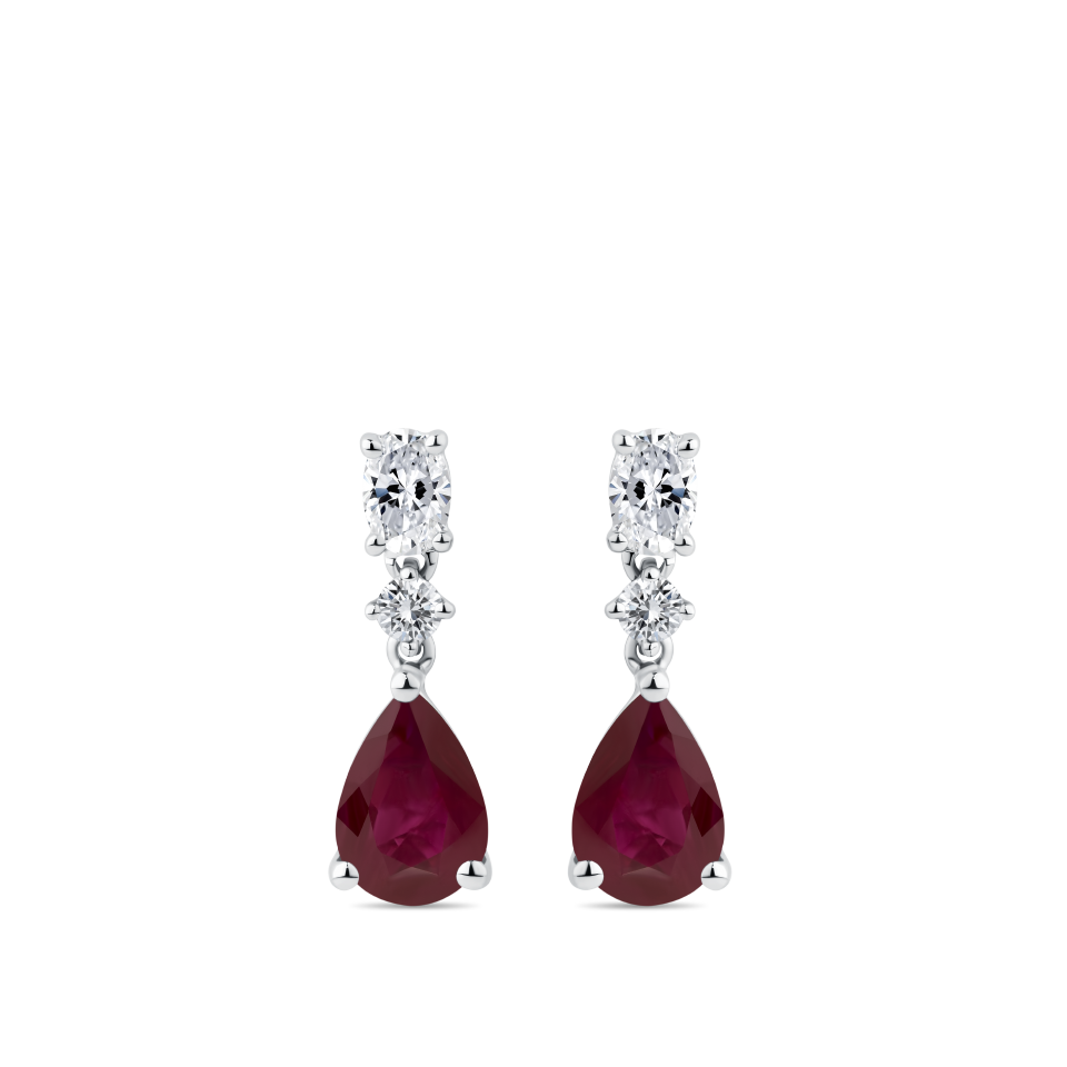Pear Cut Ruby and Diamond Drop Earrings in 18ct White Gold Hardy Brothers Jewellers