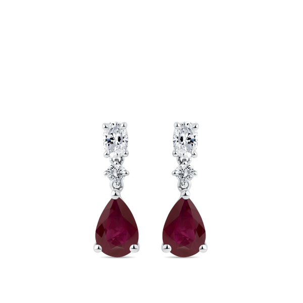 Pear Cut Ruby and Diamond Drop Earrings in 18ct White Gold Hardy Brothers Jewellers