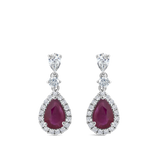 Pear Cut Ruby and Diamond Halo Drop Earrings in 18ct White Gold Hardy Brothers Jewellers