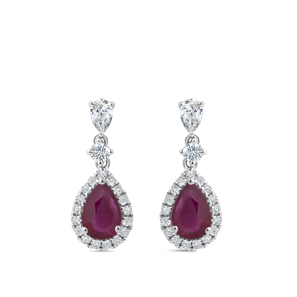 Pear Cut Ruby and Diamond Halo Drop Earrings in 18ct White Gold Hardy Brothers Jewellers