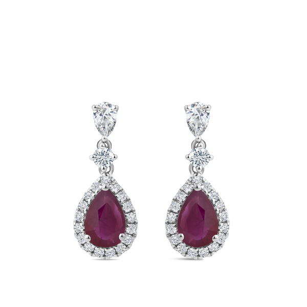 Pear Cut Ruby and Diamond Halo Drop Earrings in 18ct White Gold Hardy Brothers Jewellers